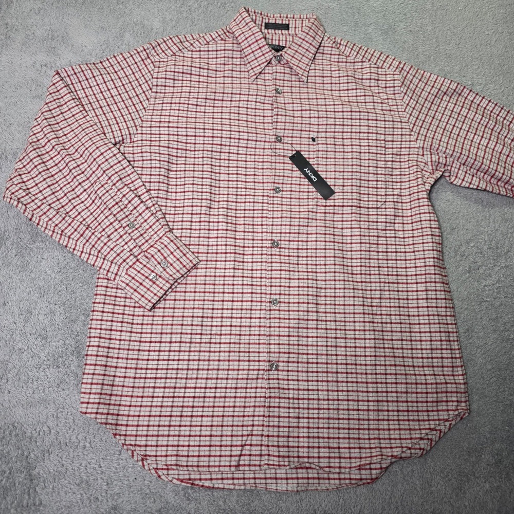 DKNY Mens Medium Button Down Shirt Red Grey Plaid Long Sleeve K3940457C